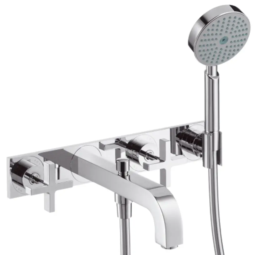Wannenarmatur von AXOR mit drei Bedienelementen und Handbrause, wandmontiert, in verchromtem Finish, geeignet für Unterputzinstallation.